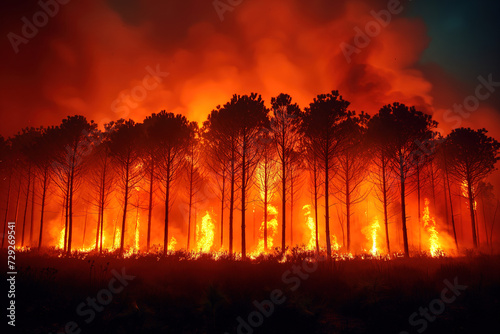 Intense wildfire engulfing a forest at night Generative AI image