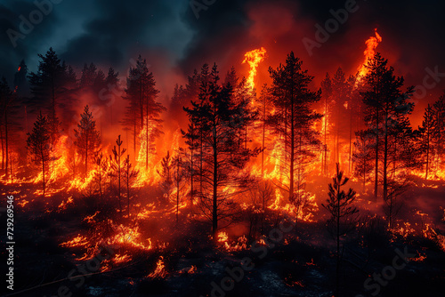 Intense wildfire raging through a forest at night Generative AI image