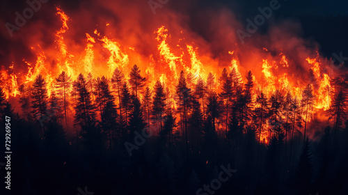 Blazing forest fire at twilight Generative AI image photo