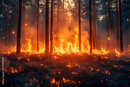 Intense Wildfire Engulfing a Forest at Dusk Generative AI image photo