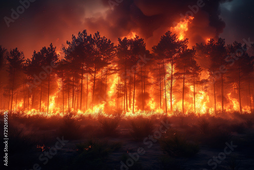Intense wildfire engulfing a dense forest at twilight Generative AI image photo
