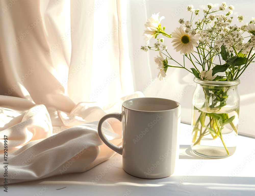 Rustic Elegance: Blank White Mug Mockup with Leaves & Flowers Rustic Elegance: Blank White Mug Mockup with Leaves & Flowers