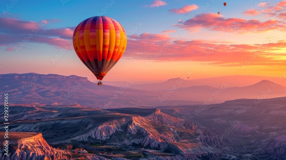 Obraz premium Scenic Turkish mountains at sunset with a hot air balloon gliding through the colorful sky, accentuating the natural beauty of the landscape in the fading light, Generative AI