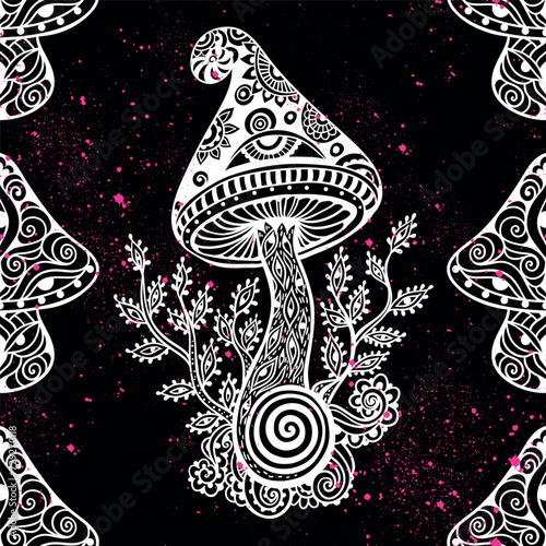 Magic Mushrooms mandala. Psychedelic pattern. Vector illustration. Zen Boho art. Decorative mushrooms, hippie, hallucination psilocybin 60s 70s