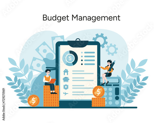 Budget Management concept. Navigating through financial planning and analysis with ease. Fiscal responsibility and strategy in action. Flat vector illustration