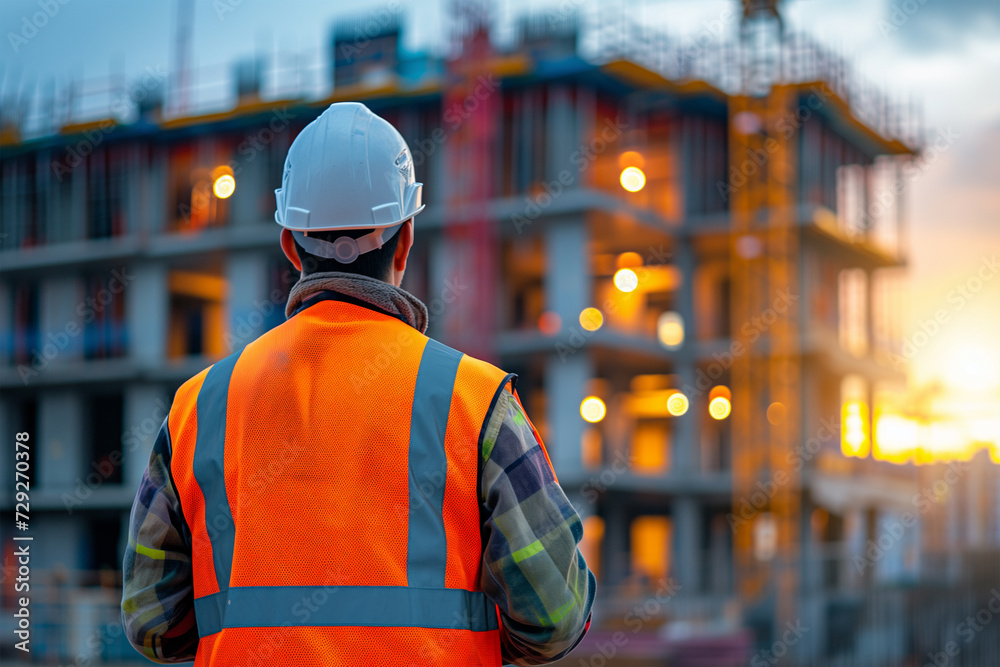 Generative AI image of construction worker in reflective vest and hard hat overlooking a building site at sunset Generative AI image of construction worker in reflective vest and hard hat overlooking a building site at sunset