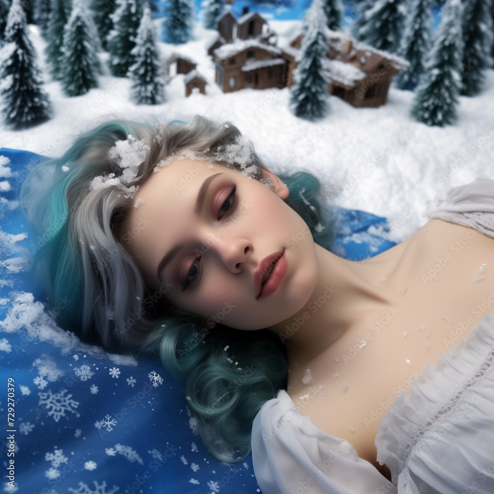 A close-up portrait of a young woman lying down on a bed of snow in a village in winter. Pretty depressed lady losing consciousness outdoors. AI-generated A close-up portrait of a young woman lying down on a bed of snow in a village in winter. Pretty depressed lady losing consciousness outdoors. AI-generated