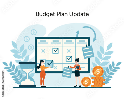 Budget Plan Update concept. Dynamic adaptation and realignment of fiscal strategies. Timely financial revisions for optimized performance. Flat vector illustration