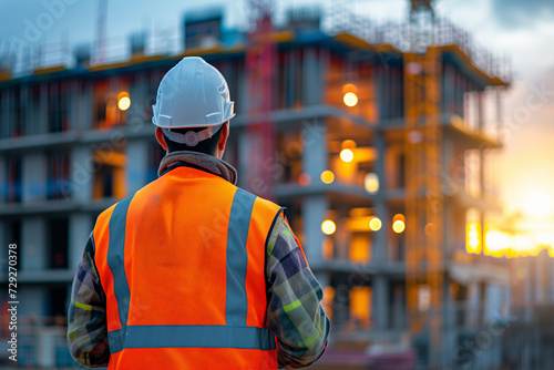 Generative AI image of construction worker in reflective vest and hard hat overlooking a building site at sunset