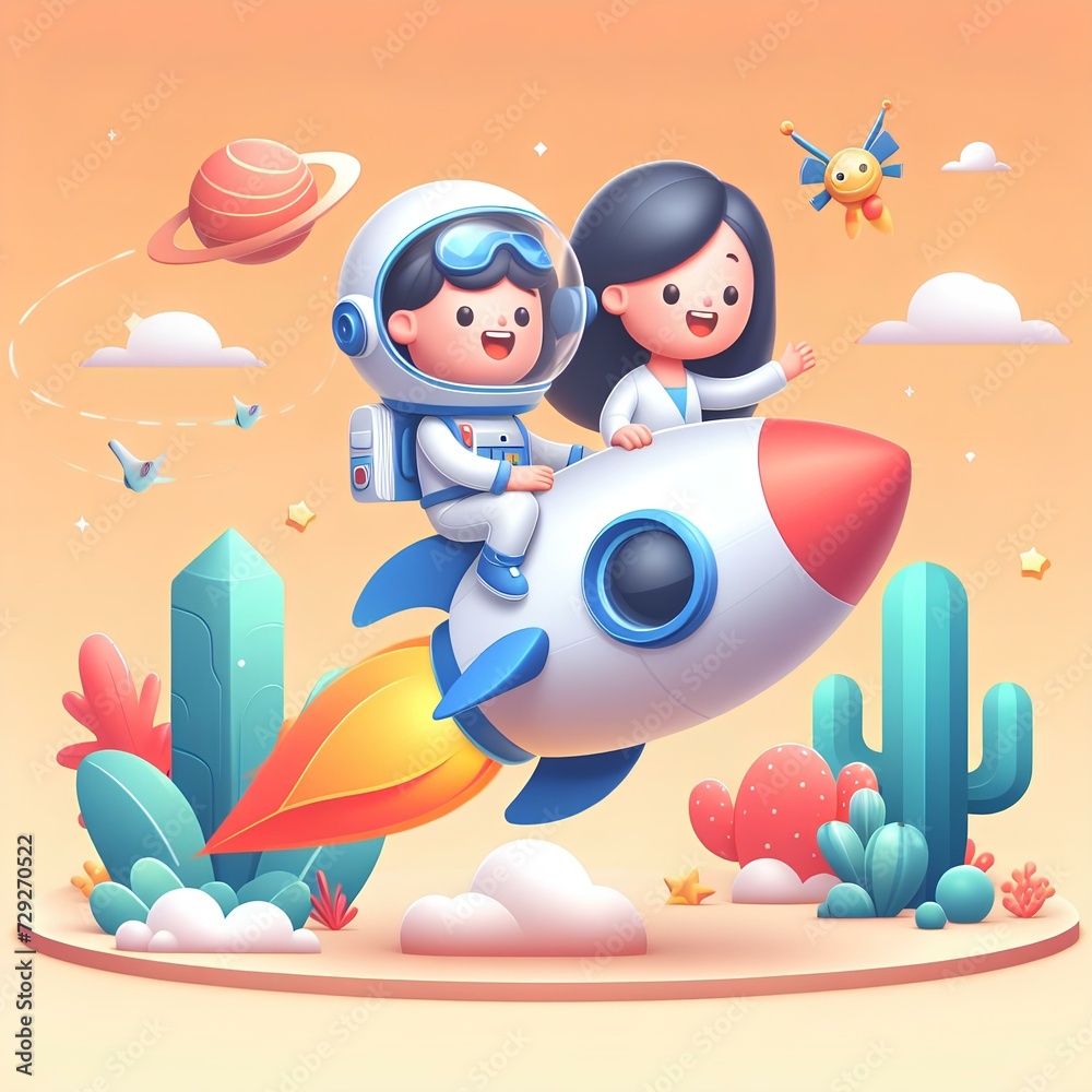 3D children flying in the space with a rocket 3D children flying in the space with a rocket