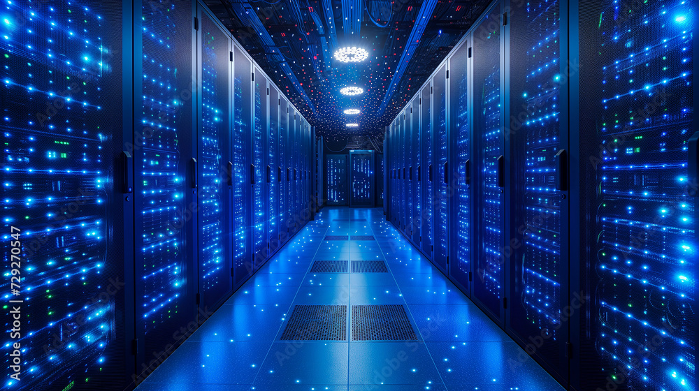 A technological wonderland: server room with racks emitting a cool, blue light A technological wonderland: server room with racks emitting a cool, blue light