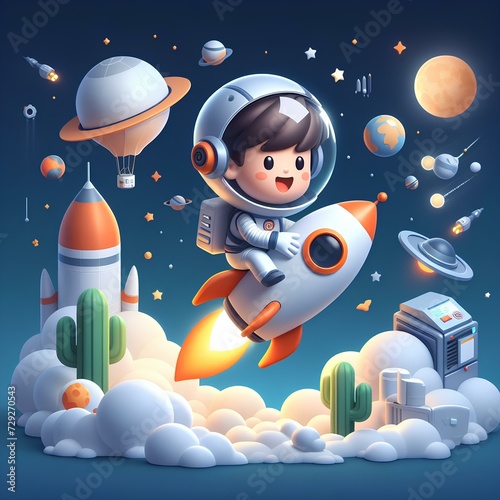 3D little astronaut flying with a rocket in space