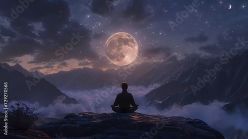 behind men practice meditation in sitting pose on the mountain rock with big moon and starry night sky background.