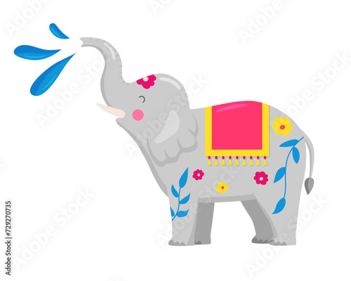 Songkran vector cartoon elephant icon for traditional water festival in thailand isolated on white background.