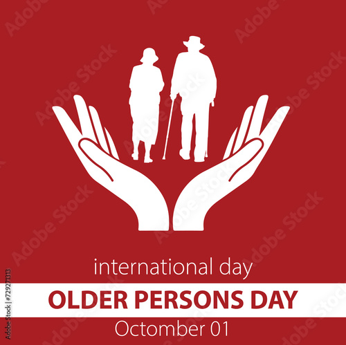 Vector illustration, silhouette of two old people holding sticks, and palms underneath, as a banner or poster, International Day of Older Persons.