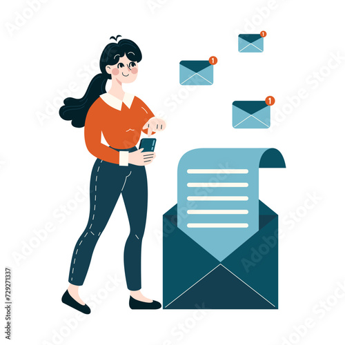 Business People concept. Efficient multitasking with mobile and email communication. The digital era's impact on workplace productivity. Flat vector illustration