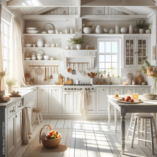 A photo of a charming and sweet white kitchen, featuring bright and airy spaces with predominantly white cabinets, countertops, and walls