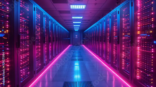 Glowing server racks standing as guardians of global information storage photo