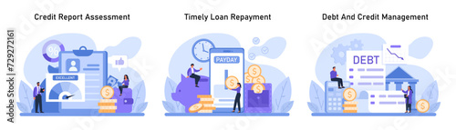 Financial Empowerment Series. Mastering creditworthiness with diligent credit report assessment, ensuring timely loan repayments, and strategic debt and credit management. Flat vector illustration photo