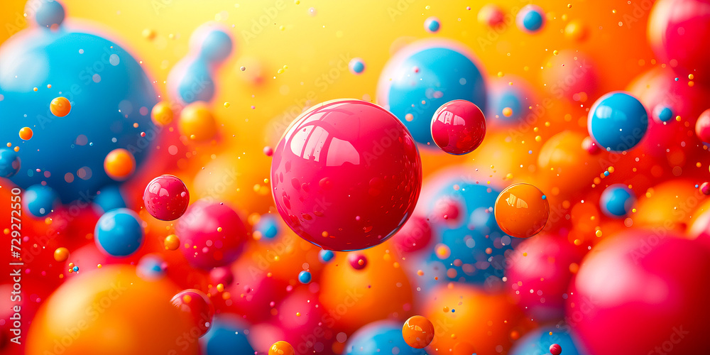 Abstract vivid colors wallpaper with floating jumping balls and spheres. 3d render style. Abstract vivid colors wallpaper with floating jumping balls and spheres. 3d render style.