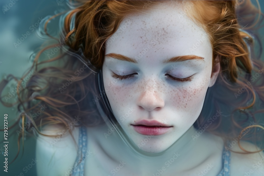 Close-up portrait of a beautiful red-haired girl with freckles. Portrait of redhead girl with freckles in water. Red-haired teenage girl with freckles. Close-up portrait of a beautiful red-haired girl with freckles. Portrait of redhead girl with freckles in water. Red-haired teenage girl with freckles.