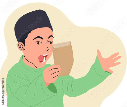 Boy scream happily got pocket money for Eid Al-Fitr vector illustration © anggola