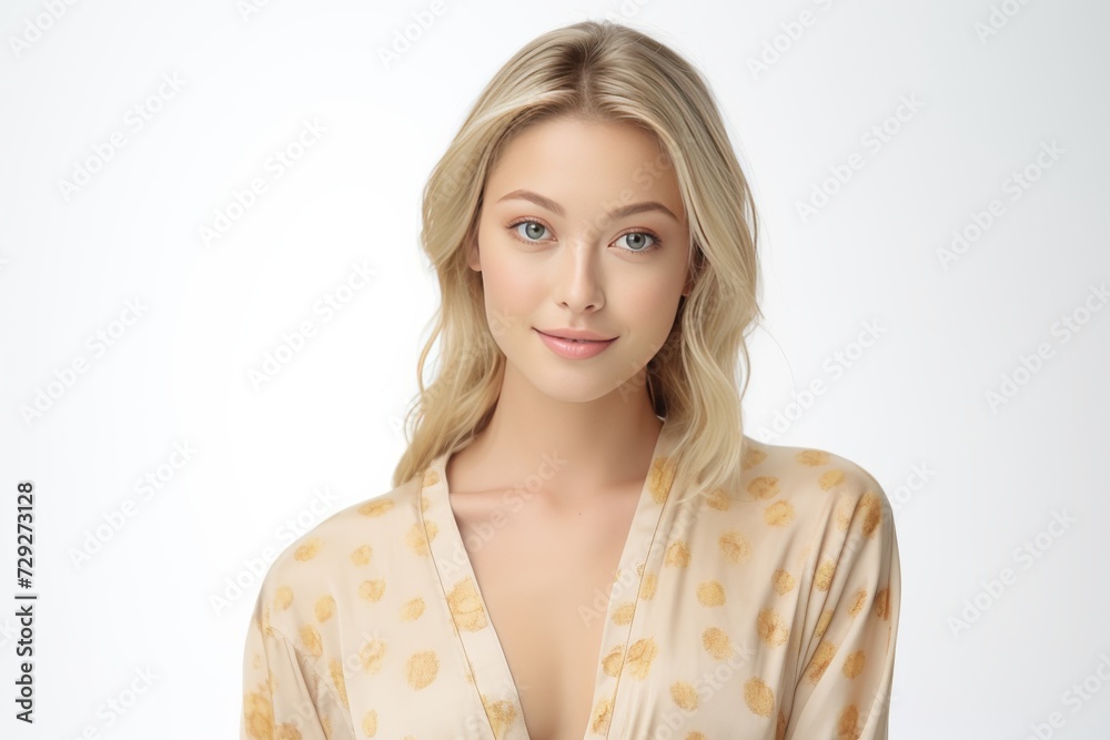 Caucasian woman, dressed in tranquil pajamas adorned with simple patterns, radiates a calm smile against the backdrop of a plain background setting. Generative AI. Caucasian woman, dressed in tranquil pajamas adorned with simple patterns, radiates a calm smile against the backdrop of a plain background setting. Generative AI.