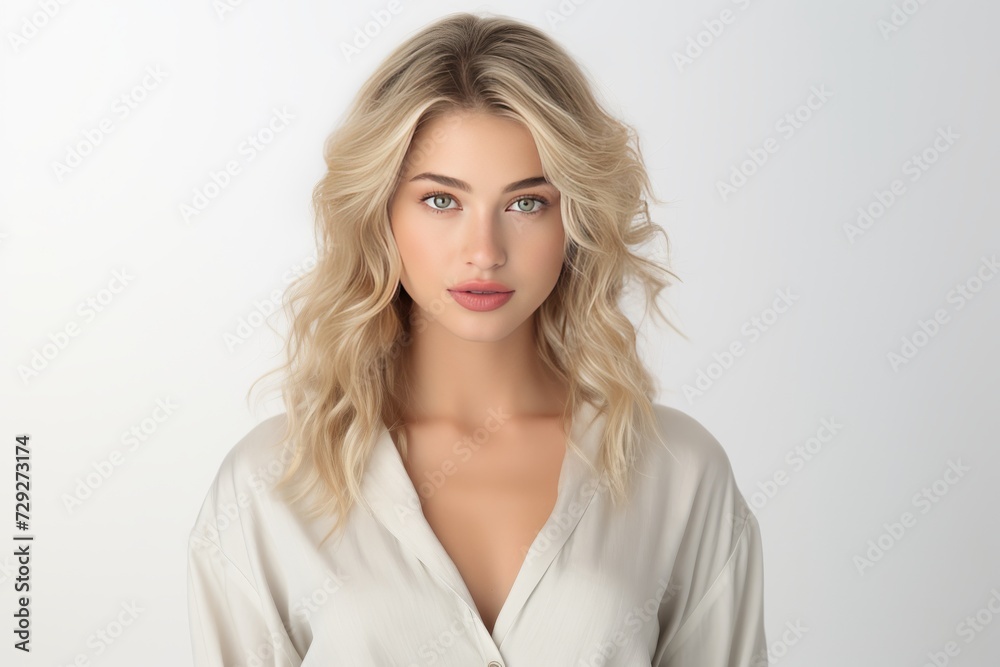 Caucasian woman, dressed in tranquil pajamas adorned with simple patterns, radiates a calm smile against the backdrop of a plain background setting. Generative AI. Caucasian woman, dressed in tranquil pajamas adorned with simple patterns, radiates a calm smile against the backdrop of a plain background setting. Generative AI.