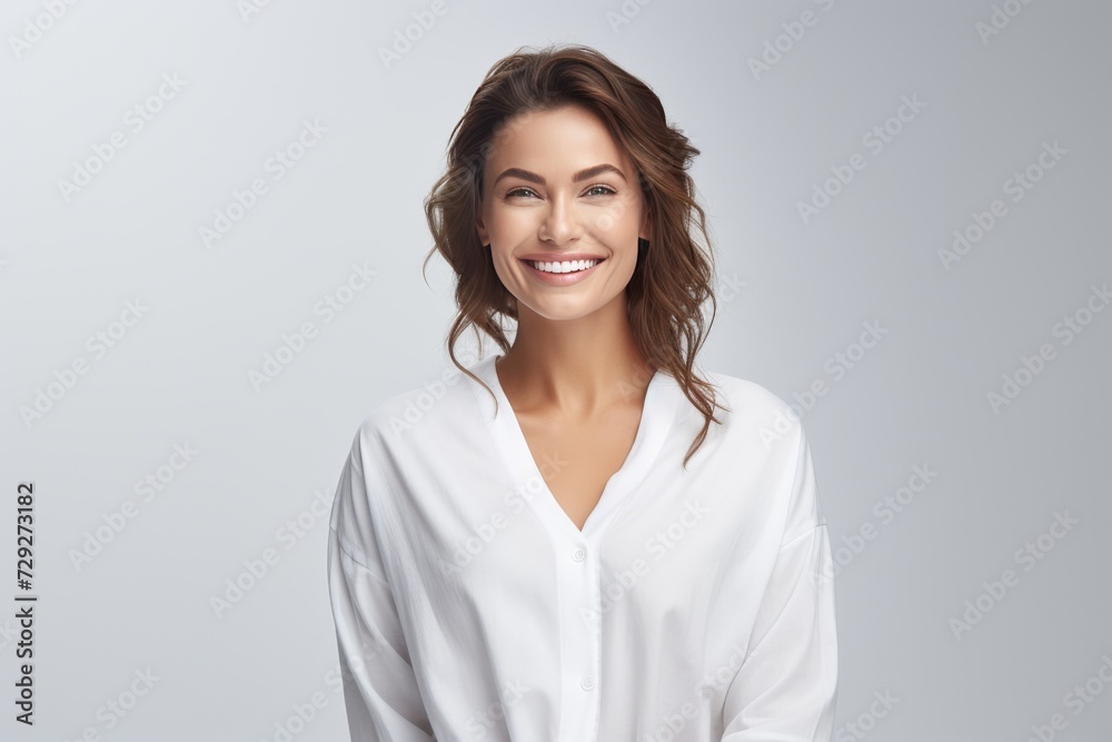 Caucasian woman, dressed in tranquil pajamas adorned with simple patterns, radiates a calm smile against the backdrop of a plain background setting. Generative AI. - obrazy, fototapety, plakaty 