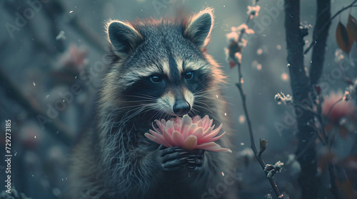 raccoon sniffs pink flowers 