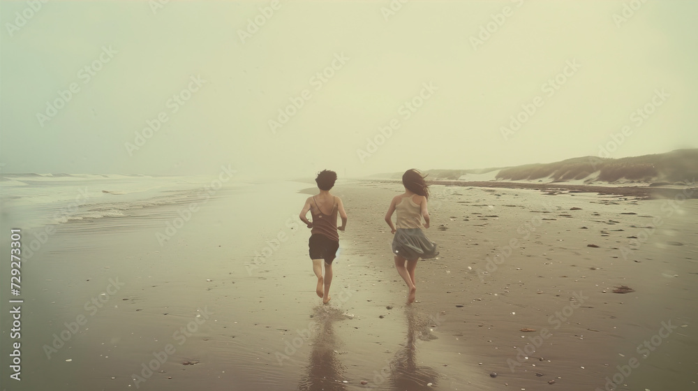 Two children are running along a sandy beach by the sea.
