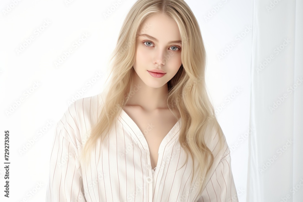 Dressed in serene white pajamas adorned with Normal motifs, a Caucasian woman stands against a plain background, her serene smile lighting up the scene. Generative AI. Dressed in serene white pajamas adorned with Normal motifs, a Caucasian woman stands against a plain background, her serene smile lighting up the scene. Generative AI.