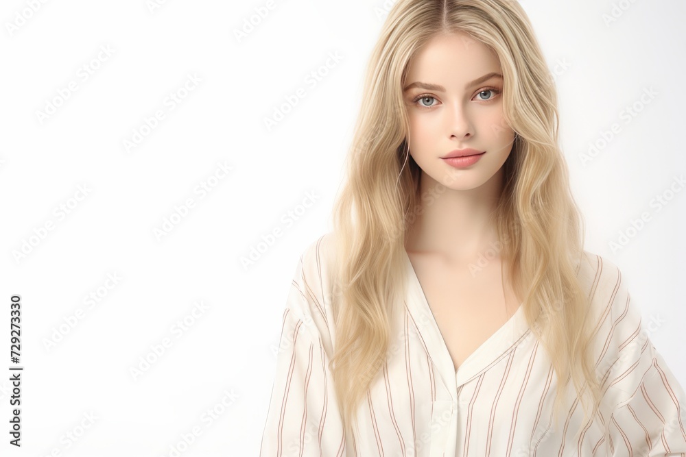 Dressed in serene white pajamas adorned with Normal motifs, a Caucasian woman stands against a plain background, her serene smile lighting up the scene. Generative AI. Dressed in serene white pajamas adorned with Normal motifs, a Caucasian woman stands against a plain background, her serene smile lighting up the scene. Generative AI.