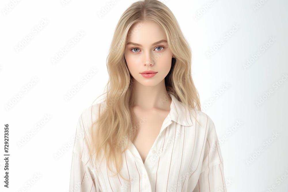 Dressed in serene white pajamas adorned with Normal motifs, a Caucasian woman stands against a plain background, her serene smile lighting up the scene. Generative AI. Dressed in serene white pajamas adorned with Normal motifs, a Caucasian woman stands against a plain background, her serene smile lighting up the scene. Generative AI.