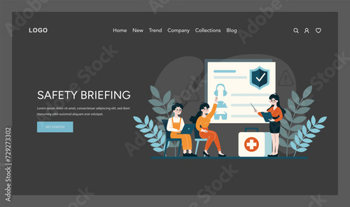 OSHA safety briefing illustration. Workers engage in hazard awareness training, reinforcing workplace safety protocols with a hands-on approach. Flat vector illustration
