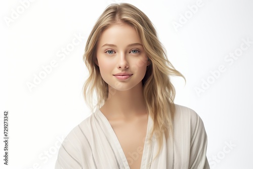 Dressed in serene white pajamas adorned with Normal motifs, a Caucasian woman stands against a plain background, her serene smile lighting up the scene. Generative AI.