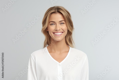 Dressed in serene white pajamas adorned with Normal motifs, a Caucasian woman stands against a plain background, her serene smile lighting up the scene. Generative AI.