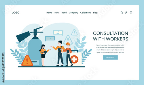Consultation With Workers vector. Showcasing collaborative hazard communication and emergency preparedness with OSHA guidelines. Team safety engagement. Flat vector illustration