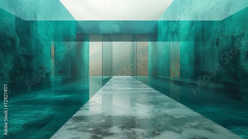 An abstract rendering of futuristic glass architecture with an empty concrete floor.