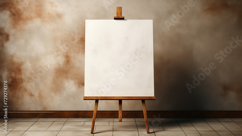 a easel with a blank canvas on old wall background