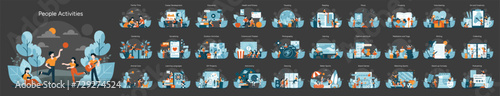 Diverse Interests Collection. A vibrant display of everyday pastimes. From family interactions to self-improvement and leisure activities. Cultural hobbies and modern entertainment. Flat vector