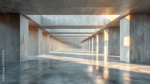 Concrete architecture with a vacant cement floor and car park rendered in 3D.