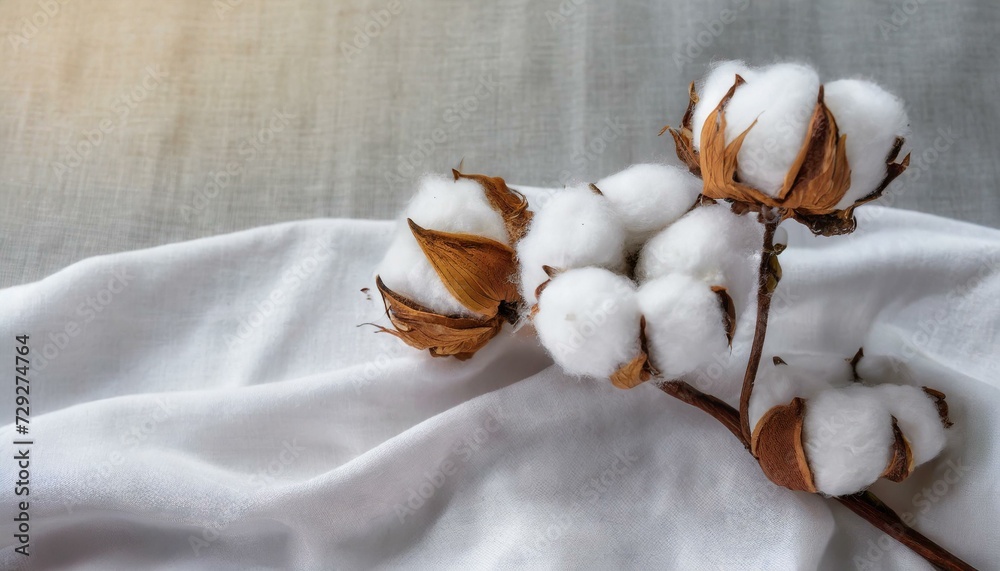 Cotton flower on white cotton fabric cloth backgrounds with copy space.