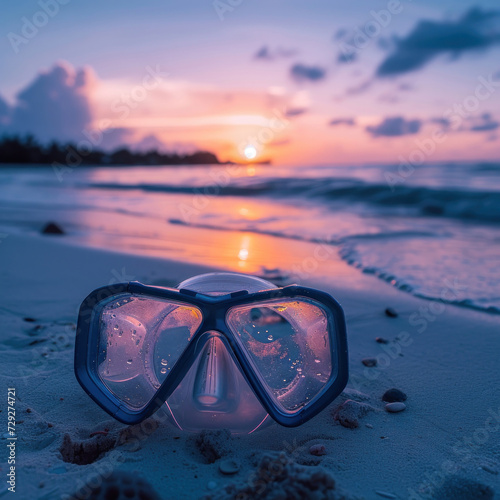 A diving mask rests on the sandy shore as the sun sets, portraying the quiet luxury sport of diving, perfect for travel brochures or advertisements promoting exclusive beach resorts.