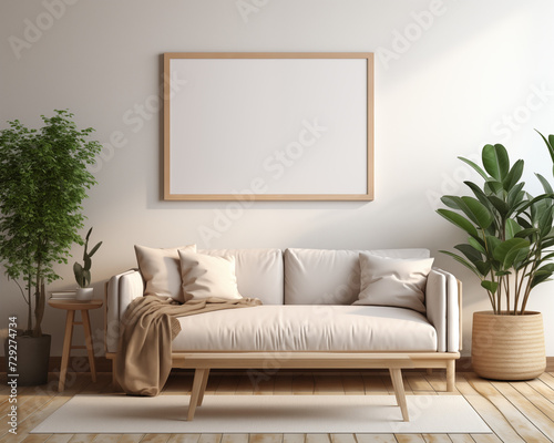 Furniture Display in Stylish 3D Room with Modern Furniture Mockup and Blank Frame