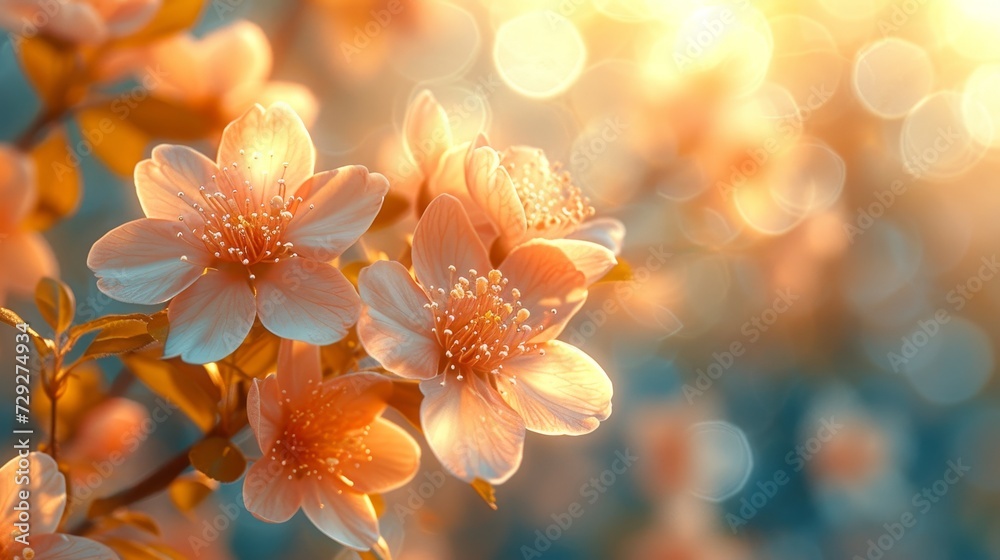 Background with blossoming trees and sun flare. Sunny day. Spring flowers. Beautiful orchard. Abstract blurred background. Springtime. - obrazy, fototapety, plakaty 