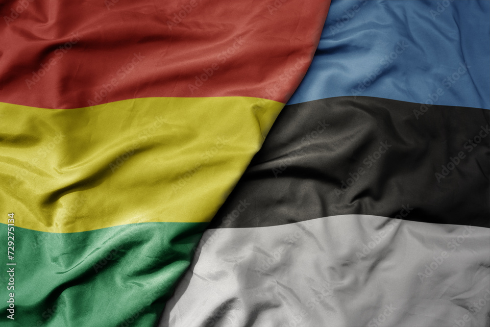 big waving national colorful flag of estonia and national flag of bolivia .