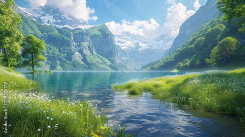 Swiss mountainous terrain with a serene lakeshore  verdant meadows extending to the water s edge  lush green grass  and a realistic alpine scene Generative AI