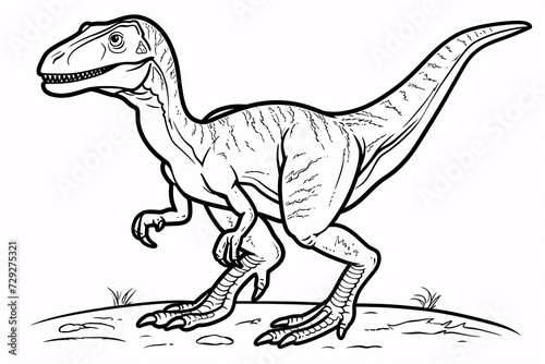 Velociraptor Dinosaur Black White Linear Doodles Line Art Coloring Page, Kids Coloring Book