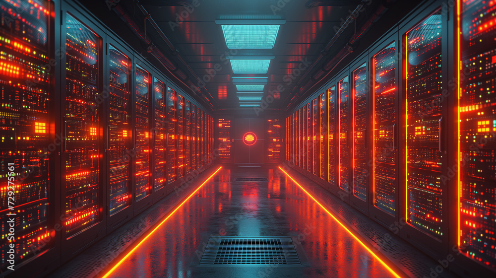 A symphony of server technology: racks glowing harmoniously in modern facility A symphony of server technology: racks glowing harmoniously in modern facility